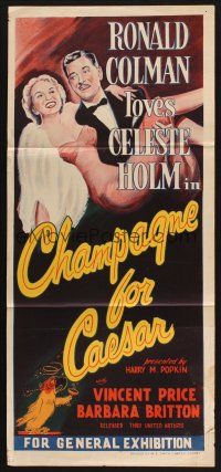 8c381 CHAMPAGNE FOR CAESAR Aust daybill '50 great art of Ronald Colman carrying sexy Celeste Holm!