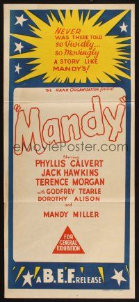 8c396 BEF Aust stock daybill '50s Phyllis Calvert, Jack Hawkins, Crash of Silence, Mandy!