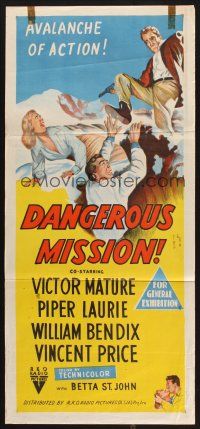 8c398 DANGEROUS MISSION Aust daybill '54 Victor Mature, Piper Laurie, an avalanche of action!