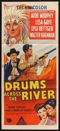 8c417 DRUMS ACROSS THE RIVER Aust daybill '54 Audie Murphy in an empire of savage hate, cool art!