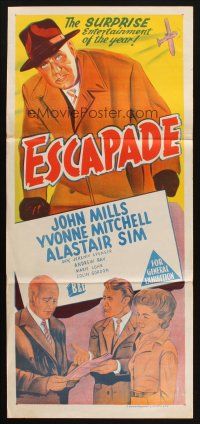 8c430 ESCAPADE Aust daybill '57 John Mills, Yvonne Mitchell, Alastair Sim, English comedy!