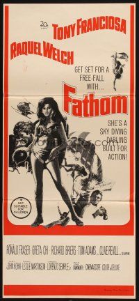 8c445 FATHOM Aust daybill '67 art of sexy Raquel Welch in parachute harness & action scenes!