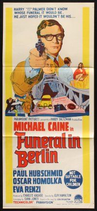 8c495 FUNERAL IN BERLIN Aust daybill '67 cool stone litho art of Michael Caine pointing gun!