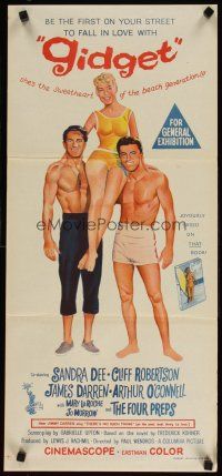 8c506 GIDGET Aust daybill '59 art of cute Sandra Dee on James Darren & Cliff Robertson's shoulders