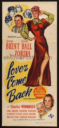 8c623 LOVER COME BACK Aust daybill '46 art of pretty redhead Lucille Ball & George Brent!