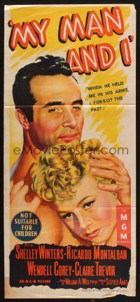 8c659 MY MAN & I Aust daybill '52 romantic art of pretty Shelley Winters & Ricardo Montalban!