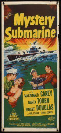 8c661 MYSTERY SUBMARINE Aust daybill '51 Macdonald Carey, Marta Toren, cool U-boat artwork!
