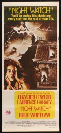 8c669 NIGHT WATCH Aust daybill '73 Laurence Harvey, art of frightened Elizabeth Taylor!