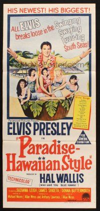 8c698 PARADISE - HAWAIIAN STYLE Aust daybill '66 stone litho of Elvis Presley& beach babes!