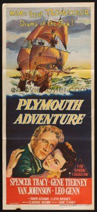 8c713 PLYMOUTH ADVENTURE Aust daybill '52 Spencer Tracy, Gene Tierney, cool art of ship at sea!
