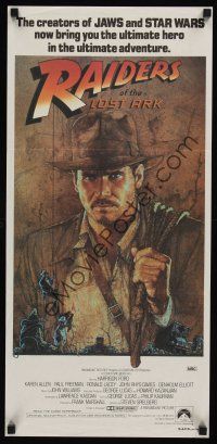 8c733 RAIDERS OF THE LOST ARK Aust daybill '81 art of adventurer Harrison Ford by Richard Amsel!