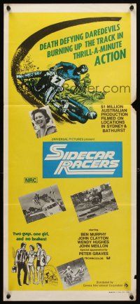 8c806 SIDECAR RACERS Aust daybill '75 motorcycle racing from Down Under, 2 guys, 1 girl, no brakes