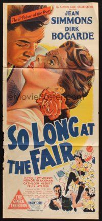 8c826 SO LONG AT THE FAIR Aust daybill '50 Terence Fisher, art of Jean Simmons & Bogarde!