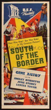 8c834 SOUTH OF THE BORDER stock Aust daybill R50s cowboy Gene Autry & Smiley Burnette!