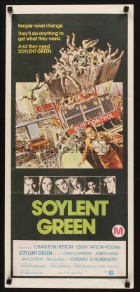 8c837 SOYLENT GREEN Aust daybill '73 Charlton Heston trying to escape riot control by John Solie!