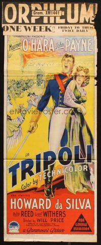 8c919 TRIPOLI Aust daybill '50 Richardson Studio art of Maureen O'Hara & soldier John Payne!