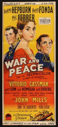 8c951 WAR & PEACE Aust daybill '56 Richardson Studio art of Hepburn, Fonda & Ferrer, Tolstoy epic!