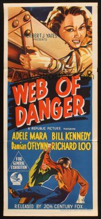 8c956 WEB OF DANGER Aust daybill '47 cool art of sexy Adele Mara in trouble high up in the sky!