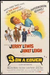 8f003 3 ON A COUCH 1sh '66 great image of screwy Jerry Lewis squeezing sexy Janet Leigh!