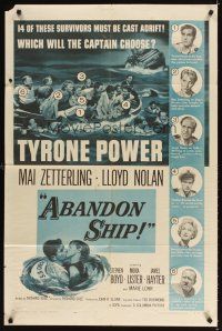 8f006 ABANDON SHIP 1sh '57 Tyrone Power & 25 survivors in a lifeboat which can hold only 12!