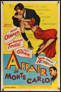 8f008 AFFAIR IN MONTE CARLO 1sh '53 sexy Merle Oberon embraced by Richard Todd!