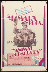 8f023 ANIMAL CRACKERS 1sh R74 wacky artwork of all four Marx Brothers!