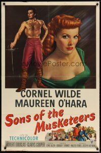 8f030 AT SWORD'S POINT int'l 1sh '52 full-length Cornel Wilde, close up of sexy Maureen O'Hara!