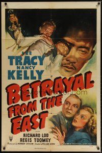 8f058 BETRAYAL FROM THE EAST style A 1sh '44 Lee Tracy & Nancy Kelly spy in Asia, cool artwork!