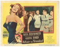 8g062 AFFAIR IN TRINIDAD LC '52 close up of Glenn Ford slapping sexy Rita Hayworth!