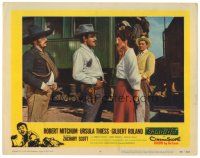 8g574 BANDIDO LC #4 '56 Robert Mitchum, Ursula Thiess & Gilbert Roland standing by train!
