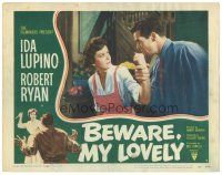 8g076 BEWARE MY LOVELY LC #4 '52 close up of Ida Lupino being grabbed by crazy Robert Ryan!