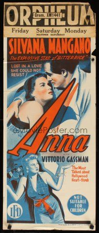 8j587 ANNA Aust daybill '53 sultry, sensational Silvana Mangano, Vittorio Gassman!