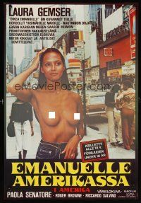 8j054 EMANUELLE IN AMERICA Finnish '77 image of sexy topless Laura Gemser in the title role!
