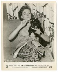 8k776 REBEL WITHOUT A CAUSE 8x10 candid still '55 portrait of sexy Natalie Wood grooming her dog!
