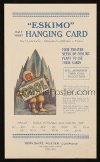 8m198 AIR CONDITIONING PROMO Eskimo hanging card advertising sheet '30s has ice block on his lap!