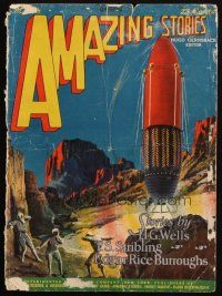 8m251 AMAZING STORIES magazine cover March 1927 Frank R. Paul art of spaceship on moon, Burroughs!