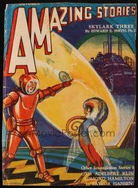 8m253 AMAZING STORIES magazine cover October 1930 Leo Morey art of alien for Skylark Three!
