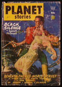 8m261 PLANET STORIES magazine cover Fall 1947 art of man holding sexy girl & shooting aliens!