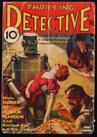 8m266 THRILLING DETECTIVE magazine cover Feb 1934 cool art of remote controlled robot holding girl!