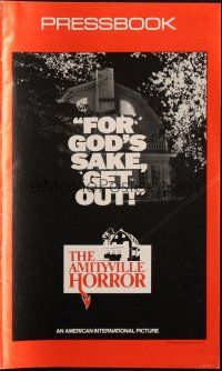 8m518 AMITYVILLE HORROR pressbook '79 great image of haunted house, for God's sake get out!