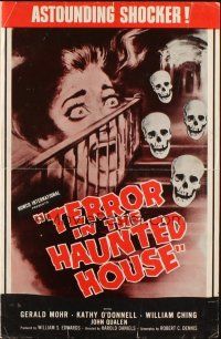 8m791 MY WORLD DIES SCREAMING pressbook '58 screaming girl & skulls, Terror in the Haunted House!