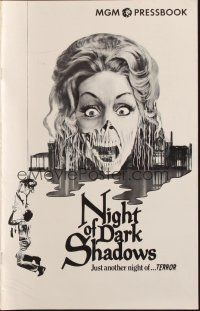 8m797 NIGHT OF DARK SHADOWS pressbook '71 freaky art of the woman hung as a witch 200 years ago!