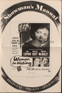 8m991 WOMAN IN HIDING pressbook '50 Ida Lupino on the run from her crazy husband Stephen McNally!