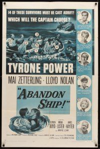 8p015 ABANDON SHIP 1sh '57 Tyrone Power & 25 survivors in a lifeboat which can hold only 12!