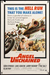 8p049 ANGEL UNCHAINED 1sh '70 AIP, bikers & hippies, this is the hell run that you make alone!