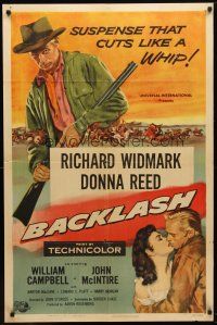 8p066 BACKLASH 1sh '56 cool art of Richard Widmark, Donna Reed, suspense that cuts like a whip!