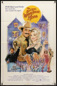 8p087 BEST LITTLE WHOREHOUSE IN TEXAS 1sh '82 art of Burt Reynolds & Dolly Parton by Gouzee!