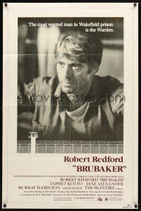 8p131 BRUBAKER 1sh '80 warden Robert Redford is the most wanted man in Wakefield prison!