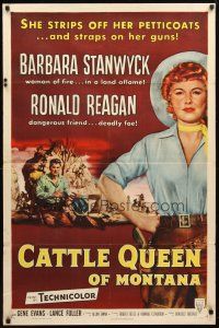 8p155 CATTLE QUEEN OF MONTANA style A 1sh '54 Barbara Stanwyck is a woman of fire, Ronald Reagan!