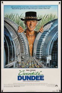 8p183 CROCODILE DUNDEE 1sh '86 cool art of Paul Hogan looming over New York City by Daniel Goozee!